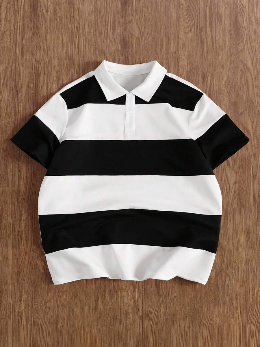 TOKVUE 男士条纹印花短袖宽松休闲 Polo 衫，适合男孩朋友礼物，四季皆宜 - 白色 - 查看 1