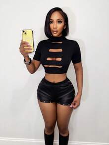 BamGleam 女士性感镂空露脐短袖T恤，V领做旧T恤 - 黑色 - 查看 5