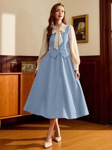 Vintamour 复古经典优雅学院风女式两件套，秋冬缎带领长袖两件套，咖啡色两件套 - 淺藍色 - 查看 5