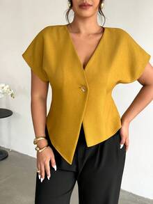 Firerie Camisa casual de manga corta con cuello en V y botones de unicolor para tallas grandes - Amarillo - View 4