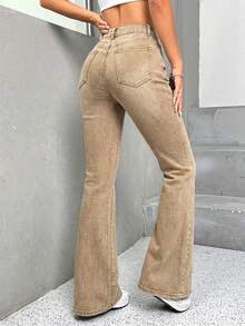 SHEIN PETITE Quần jean denim nữ ống loe cạp cao, kiểu dáng thường ngày, màu bạc. - Màu Khaki - Xem 2