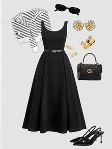 Ellevyn 优雅女士圆领收腰A字中长连衣裙，配条纹披肩两件套，适合通勤、约会、外出、度假、婚礼宾客、晚礼服等场合。 - 黑與白 - 查看 5