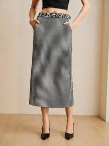 Arave 女士高腰修身铅笔裙，侧开衩设计，适合日常通勤 - 黑與白 - 查看 7