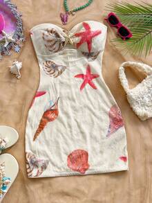 Vestido corto ajustado de mujer para vacaciones, de punto blanco con textura, sin tirantes, escote en pico, fruncido, decoración de estrella de mar metálica, para fiesta sexy, cita, playa, vacaciones de verano - Multicolor - Ver 2