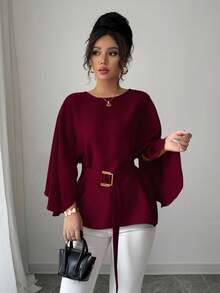 Selianne Women's French Style Round Neck Batwing Sleeve Waist Tie Shiny Red Blouse, Spring/Summer - Burgundy - View 5