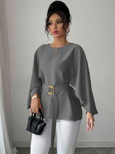 Selianne Women's French Style Round Neck Batwing Sleeve Waist Tie Shiny Red Blouse, Spring/Summer