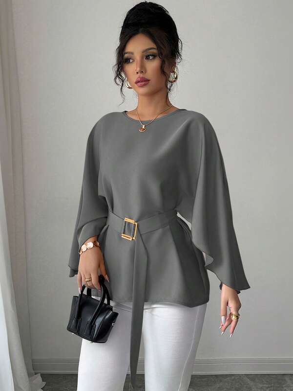 Selianne Blusa roja brillante con cuello redondo, mangas de murciélago y lazo en la cintura, estilo francés para primavera/verano