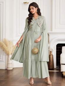 Yasmyna 女士亮片系带流苏设计超长袖褶皱休闲派对阿拉伯蛋糕裙 - 杏色 - 查看 5