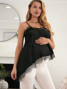 SHEIN Débardeur asymétrique pour femmes enceintes en couleur unie avec dentelle contrastante - Noir - Voir 2