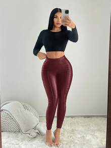 SHEIN SXY Solid Color Fitted Ruched Versatile Leather Street Leggings - Red - View 4