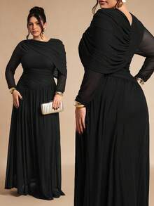 SHEIN BAE Vestido assimétrico de malha de tule marrom café de manga comprida para mulheres plus size - Preto - Ver 1