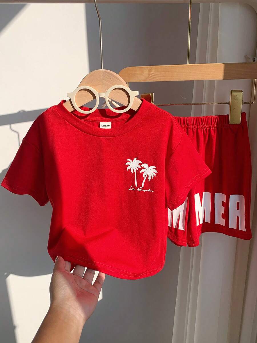 SHEIN 2pcs/Set Baby Boy Summer Casual Vacation Knit Red Printed Pattern Loose T-Shirt And Red Shorts Set - Multicolor - View 1