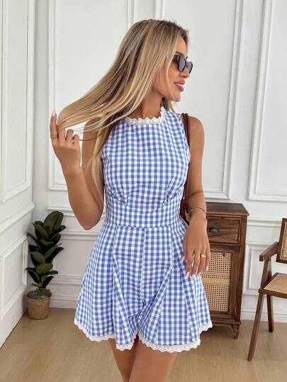 Easowa Mono sin mangas de algodón a cuadros azul y blanco para mujeres, con aplicaciones de encaje, adecuado para el campo, romántico, casual, vacaciones en la playa, tarde de té con amigos