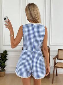 Easowa Cute Blue And White Gingham Sleeveless Romper For Women,Summer Picnic Holiday Outfits With Lace Trim,Checkered Patchwork Boho Beach Vacation Jumpsuit - Multicolor - View 5