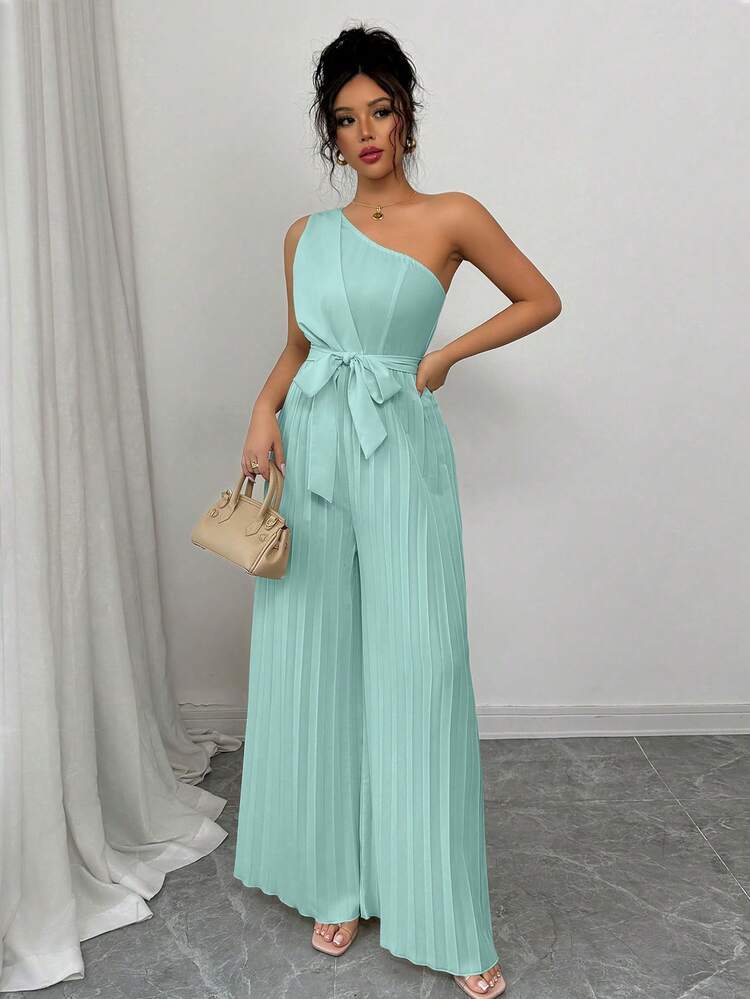 Elenzga 优雅纯色褶皱腰身连体裤 - 藍色 - 查看 4