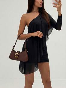 Aloruh Women's Solid Color Minimalist Casual Asymmetrical Shoulder Mini Dress ,Summer Dress - Black - View 3