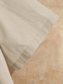 HIMLAND 简约素雅短袖衬衫，夏季时尚杏色男士衬衫，男士短袖纽扣亚麻男装，棕褐色纽扣衬衫，米色纽扣男装 - 卡其色 - 查看 4