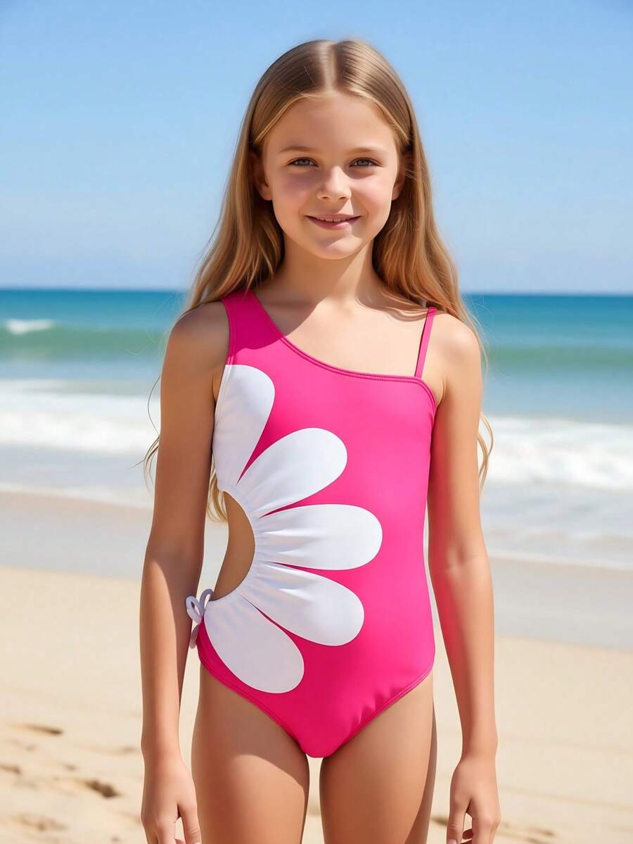 SHEIN 1pc Tween Girls Casual Side Hollow Design White Floral One-Piece Swimsuit - Hot Pink - View 1