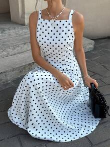Cévolie 女士时尚休闲波点印花无袖连衣裙 - 黑與白 - 查看 6