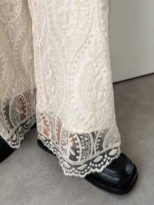 FRIFUL 女士纯色米色薄纱蕾丝面料直筒宽松休闲裤 - 米色 - 查看 6