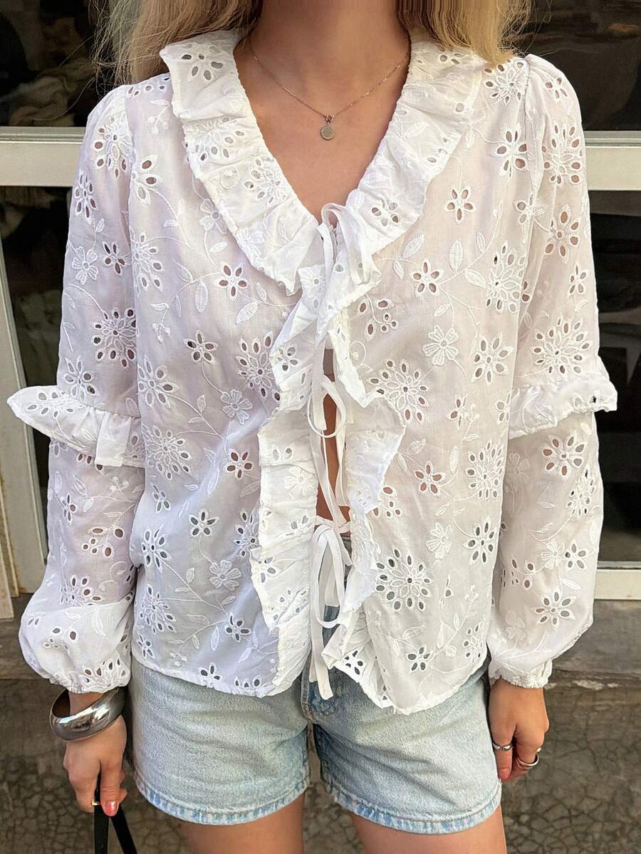 Livesso Ruffled White Hollow-Out Casual Loose Blouse For Women, Spring/Vacation - White - View 1