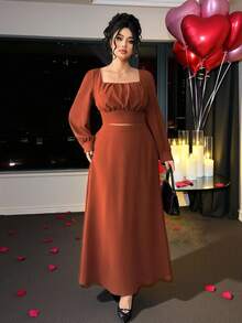 SHEIN Elenzya Bộ đồ nữ cổ vuông tay dài 2 món, áo cổ vuông + chân váy dài, trang phục thường ngày & thanh lịch, phù hợp cho mùa xuân/hè - màu nâu - Xem 4