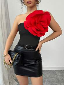 Selianne 新款红色纯色3D立体花卉斜领单肩吊带修身优雅露背针织上衣，适合女士春秋季新年穿着 - 紅色和黑色 - 查看 4