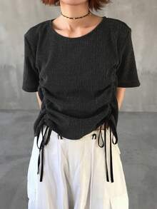 FRIFUL 女士圆领抽绳下摆纹理面料装饰短袖T恤 - 黑色 - 查看 4