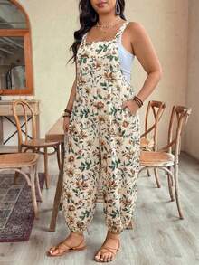 EMERY ROSE Bộ áo liền quần in họa tiết dành cho nữ cỡ lớn, có thể điều chỉnh eo, thời trang cho kỳ nghỉ xuân/hè. - Màu be - Xem 4