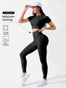 Gameset SHEIN Sport 两件套服装无缝插肩袖运动套装女士健身套装女士紧身裤套装健身房女士服装 - 黑色 - 查看 2