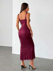 SHEIN PETITE Women's Elegant Lace Patchwork Slip Dress - Red Violet - View 2