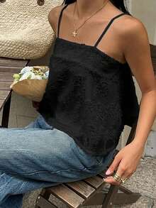 女士纯色简约吊带背心 - 黑色 - 查看 6