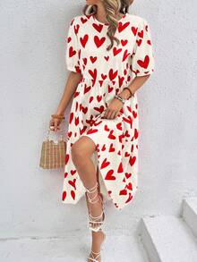 Breezaya 夏季宽松爱心印花荷叶边下摆泡泡袖娃娃裙女装 - 彩色 - 查看 3