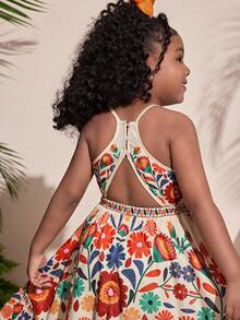 Young Girls Tropical Plant Print Backless Dress, Suitable For Vacation, Beach, Hawaii, Casual Daily Wear - Orange - View 3