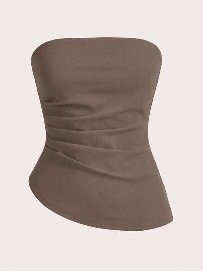 SHEIN Essnce Women's Elegant Solid Color Asymmetric Hem Bandeau Top, Summer Brown Top Strapless Shirt Curve Tube Top Tube Top Brown Tube Top Brown Strapless Top