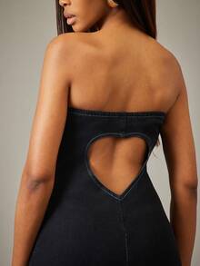 NYA SZN Denim Dress Sleeveless Fitted Bodycon Dark Wash Heart Cut Out Blue Stripe Winter Spring Festive Holiday Valentines Day Date Event Party Golng Out Maxi Length Outfits For Women - Blue - View 6