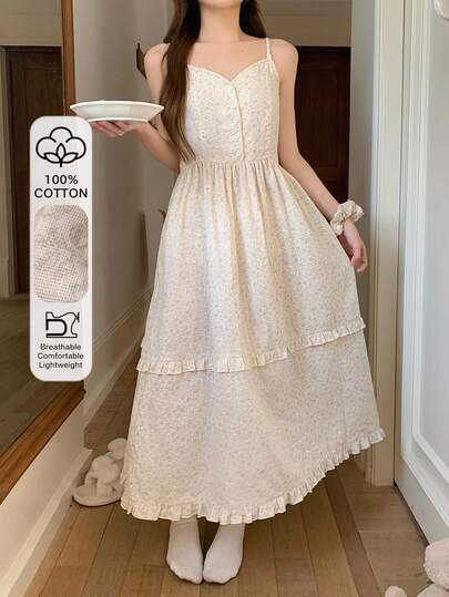DAZY Ditsy Floral Ruffle Trim Adjustable Strap Waist Maxi Nightgown For Women