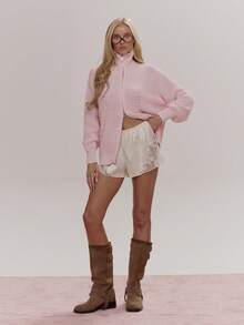 MUSERA High Neck Oversized Zip Through Ribbed Knit Jumper Cute Girly Sexy Spring Winter Going Out Daily Sugar Swizzle - Pink - View 3