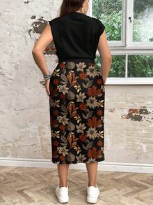 EMERY ROSE Casual Solid Color T-Shirt & Floral/Leaf Print A-Line Skirt 2-Piece Set, Plus Size,Vacation/Summer/Spring - Multicolor - View 2