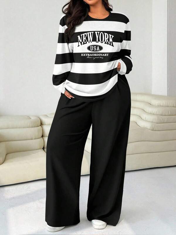 Solflare Conjunto de 2 piezas para mujer talla grande - Camiseta de cuello redondo holgada y pantalones rectos