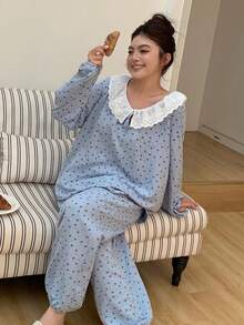 Dazy Plus Plus Size Women Bow Polka Dot Print Ruffle Trim Long Sleeve Top And Pants Pajama Set - Blue - View 8