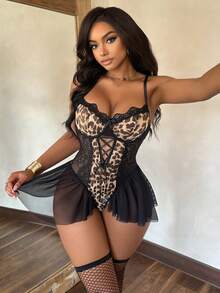 3pcs Set Sexy Leopard Print Lace Patchwork Deep V Sheer Criss-Cross Backless Jumpsuit - Multicolor - View 1