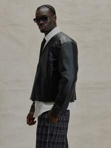 Musero V领略短款落肩皮革开衫式纽扣夹克 冬季必备 - 黑色 - 查看 4