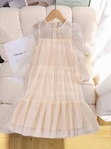 Robe décontractée de style princesse à manches longues pour préadolescentes, avec décoration de perles rondes, de paillettes et de maille, de couleur rouge - Nude - Voir 4