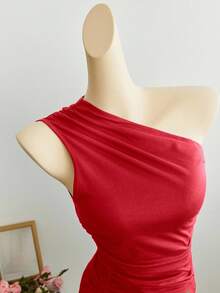 Elamini 杏色褶皱不对称肩部修身上衣，时尚简约休闲优雅百搭，适合日常穿着和通勤，春夏款 - 紅色 - 查看 4