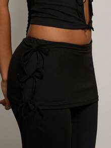 COUREZ 侧边系带喇叭裤 / Y2K 春季女装可爱性感黑色长裤外出派对狂欢夏季长裤 - 棕色 - 查看 6