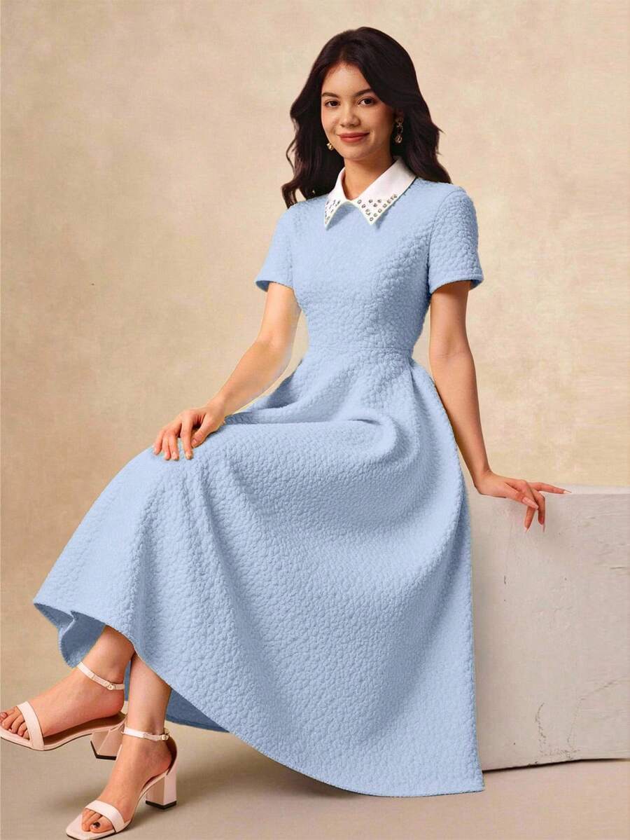 Diamond Collar, Jacquard Textured Fabric, A-Line Maxi Skirt, Elegant High Waist Snug Fit, Fashion & Graceful For Teenage Girls In Summer - Blue - View 1