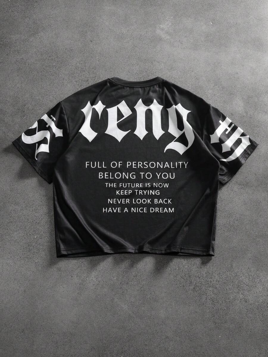 Manfinity EMRG 男士印花T恤，时尚百搭，适合日常穿着 - 黑色 - 查看 1