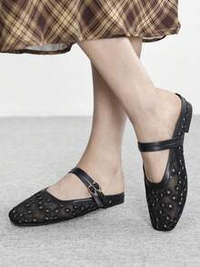CUCCOO BIZCHIC 女士黑色网纱刺绣雏菊穆勒鞋 - 黑色 - 查看 3
