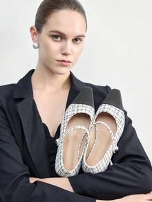 CUCCOO BIZCHIC Women's New Gray French Low Heel Pointed Toe Simple Fashionable Knitted Mary Jane Shoes For Christmas Spring Shoes - Beige grid - View 5